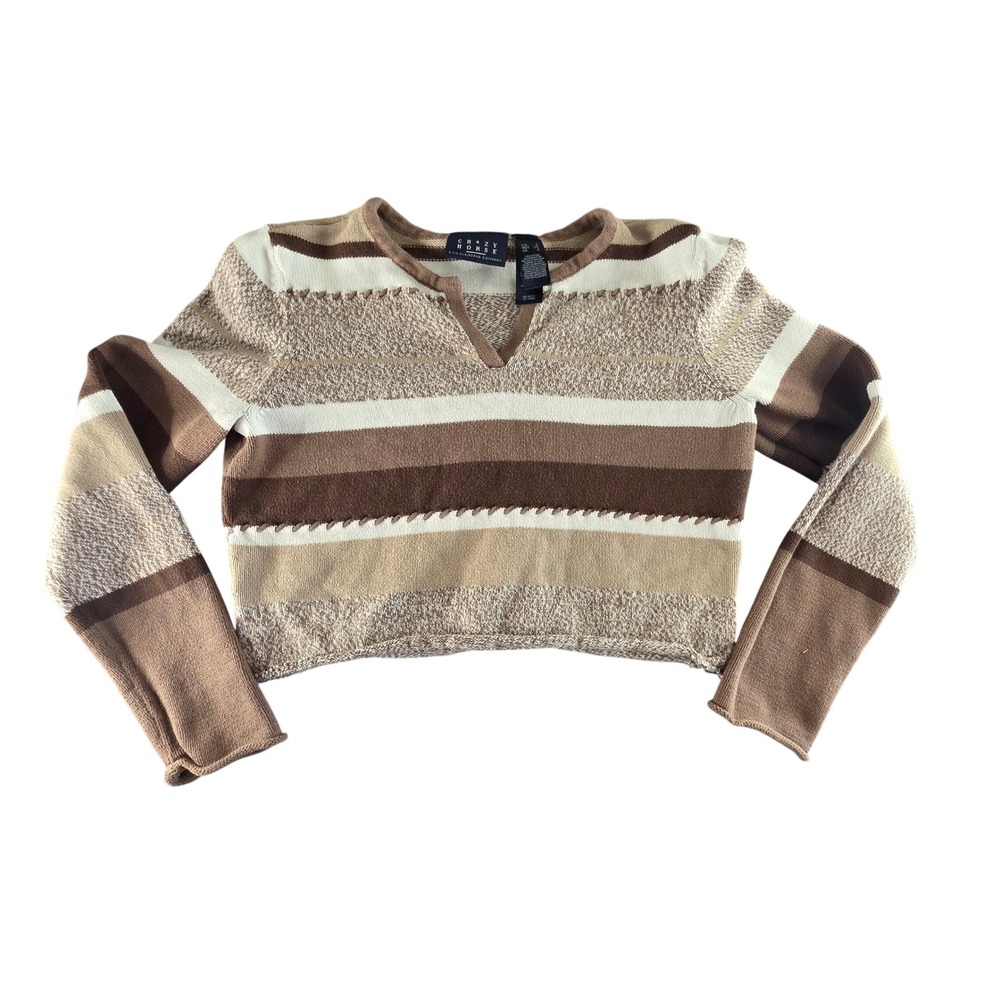 Brown Striped Cotton Knit Cropped Western Sweater Small Boho Granola‎ Y2K